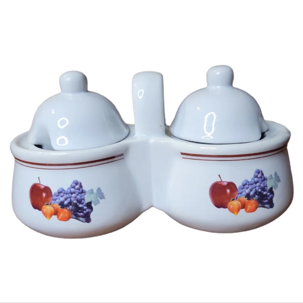Vtg 80's Porcelain Jam Jelly Server Lids 2 Compartments Handle Houston Harvest